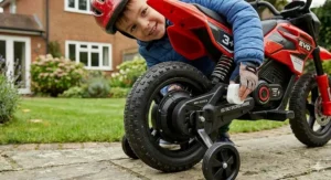 A standard UK 3-pin plug charger connected to a kids' electric motorbike for easy domestic charging.