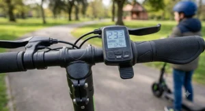 Detailed view of the throttle and digital speed controls on 36v electric scooter handlebars.