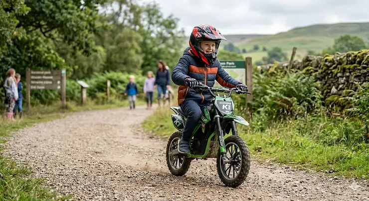 A young rider on a sleek 36v sport electric motorcycle, perfect for off-road outdoor adventures. 36v sport electric motorcycle for kids