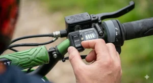 Close-up of the three-speed mode switch, allowing parents to safely control the motorcycle's power.