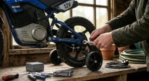 A close-up, photorealistic view of adult hands using a spanner to adjust the black stabiliser wheels on the blue children's electric motorbike.