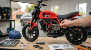 A technician installing the electronics module onto a licensed electric motorcycle for kids in a home garage.