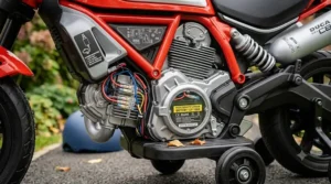 Detailed view of the battery housing and technical wiring on a licensed electric motorcycle for kids.