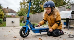 A child plugging the charger into the 24v electric scooter port.