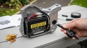 A person connecting a UK-style charger to the battery port of a licensed electric motorcycle for kids.
