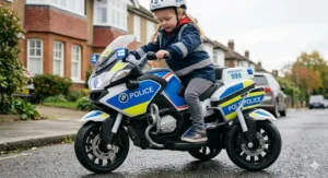 Young child easily mounting their kids police motorcycle ride on toy
