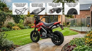 A photorealistic illustration of a child wearing a safety helmet riding a 12v sport electric motorbike on a paved garden path in the UK.