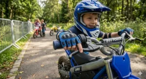 A smiling child riding a 24v electric dirt bike through a park, with focus on the handlebars and controls.