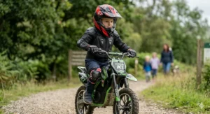 A child wearing a full-face helmet and protective pads while riding an electric motorcycle outdoors.