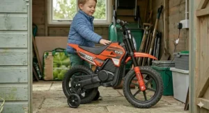 A compact electric motorbike for 3-year-olds, ideal for storage in a garden shed or garage after playtime.
