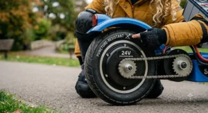 Close-up of the puncture-resistant rubber tyres on the electric scooter.