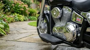 Close-up of the treaded rubber tyres on the 12v cruiser-style electric motorcycle, suitable for smooth garden surfaces.