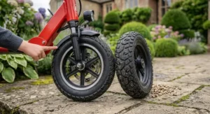 Durable air-filled tyres on a 36v electric scooter, showing tread detail.