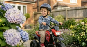Illustrative guide showing quick assembly steps for a new electric motorbike for 2 year olds.