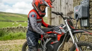 Lithium-ion battery pack being charged for a kids' electric motorbike