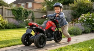 Simple illustration showing the easy-charge battery port on an electric motorbike for 2 year olds.