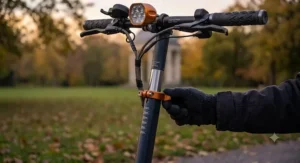 Close-up showing the adjustable handlebar height on a 48v electric scooter for growing children.