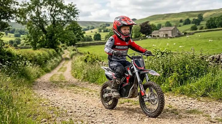 Young rider in safety gear on a high-speed electric motorbike in a garden fastest kids electric motorbike