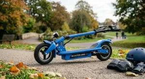 A high-detail photorealistic illustration showing the blue 24v kids' electric scooter in its fully folded configuration on an autumn park path, with safety gear scattered nearby.
