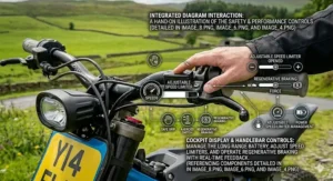 A rider’s hand demonstrating the adjustable speed limiter and performance control settings on the motorbike.