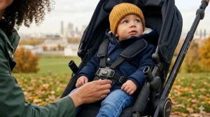 Close-up of a secure 5-point harness buckle on a pushchair, a key safety feature to look for in a kids buggy to ensure child security.