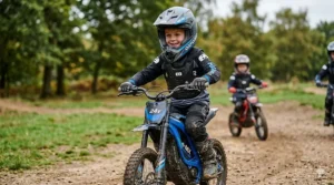 Close-up of the rear hydraulic suspension on a 24v kids electric motorbike.