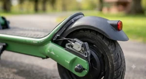 Rear foot brake and electronic braking system on a kids electric scooter in a park.