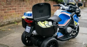 Close-up of police motorcycle ride on dashboard with siren and music buttons