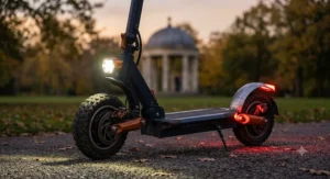 Front and rear LED lights on an electric scooter, ensuring visibility during evening rides.