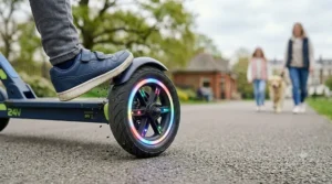 24v electric scooter wheels glowing with motion-activated LED lights.