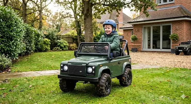Child driving a rugged off-road ride-on toy across a grassy UK garden lawn. off road ride on toys