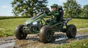 Front view of a 24V off-road toy vehicle with working LED headlights and safety roll cage.