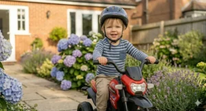 A bright, gift-wrapped electric motorbike for 2 year olds, perfect for birthdays or Christmas.