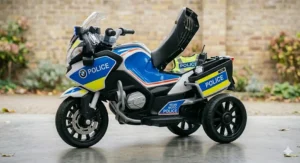 Rear view of kids police motorcycle showing the integrated toy storage box