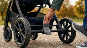 A parent’s foot engaging the reliable rear-wheel braking system on a pram, demonstrating an important safety feature to look for in a kids buggy.