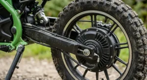 Rear wheel showing the enclosed drum brake system for reliable and safe stopping power.