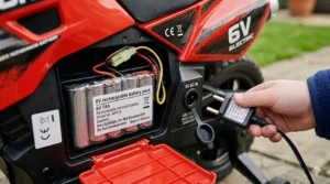 Accessible charging port on the 6V electric ride-on motorbike.