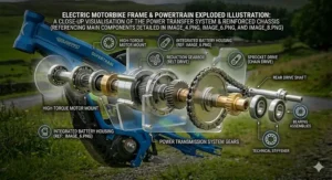 A detailed view of the reinforced chassis and integrated battery housing on a high-performance electric motorbike.