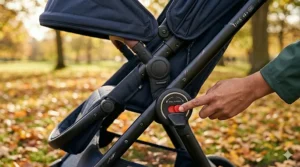 An illustration of an auto-lock safety mechanism on a folding pushchair, a crucial safety feature to look for in a kids buggy to prevent accidental collapsing.