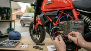 Hands using a multimeter to test voltage on the control board of a licensed electric motorcycle for kids.