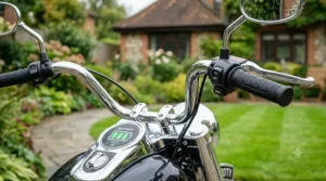 Detachable stabiliser wheels on the 12v cruiser-style electric motorcycle to help children build riding confidence.