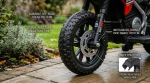 A photorealistic illustration showing a clean 12v sport electric motorbike for kids parked safely in a modern British garage setting.