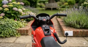 A professional product shot of the 6v electric ride-on motorbike presented inside its gift-ready cardboard packaging.