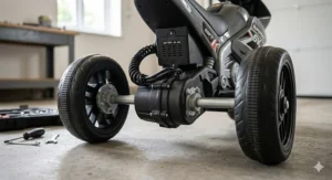 A detailed view of the handlebar console on the electric motorbike, showcasing child-friendly, colourful buttons for lights and sound.