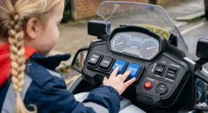 Toddler wearing a safety helmet riding an electric police motorbike outdoors