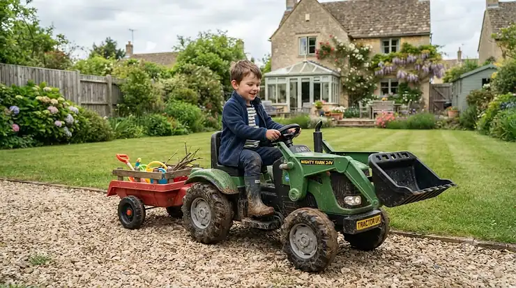 Child driving a green 24v ride on tractor with trailer in a garden. 24v ride on tractor