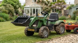 Close-up of the functional front loader bucket on a 24v kids tractor.
