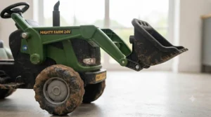 Front view showing working LED headlights on the 24v electric tractor.