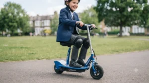 A child enjoying a comfortable ride on a seated electric scooter, highlighting the ergonomic design and stable lower centre of gravity.