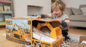 Excited young boy opening a box containing his new ride-on digger toy birthday present.